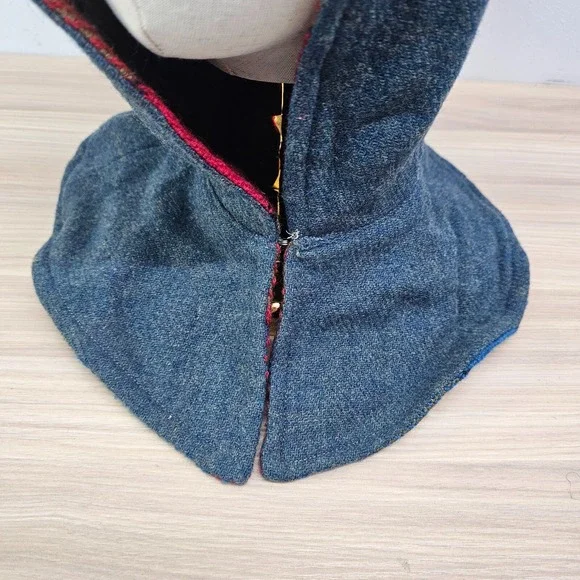 Vintage Hoodie Hat Womens Blue Reversible Patchwork Wool Lined Pixie Cowl Goblin Vintage Hoodie Hat Womens Blue Reversible Patchwork Wool  main image 2